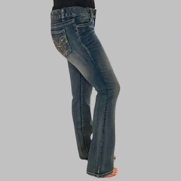 Like New Cache Gold Tone Embellished Flare Denim Jeans | 8 - Picture 10 of 10